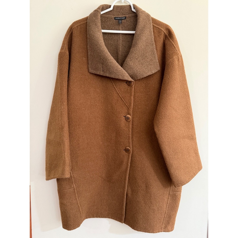 Eileen Fisher Double Face Baby Alpaca Wool Blend Cocoon Lapel Coat Brown M